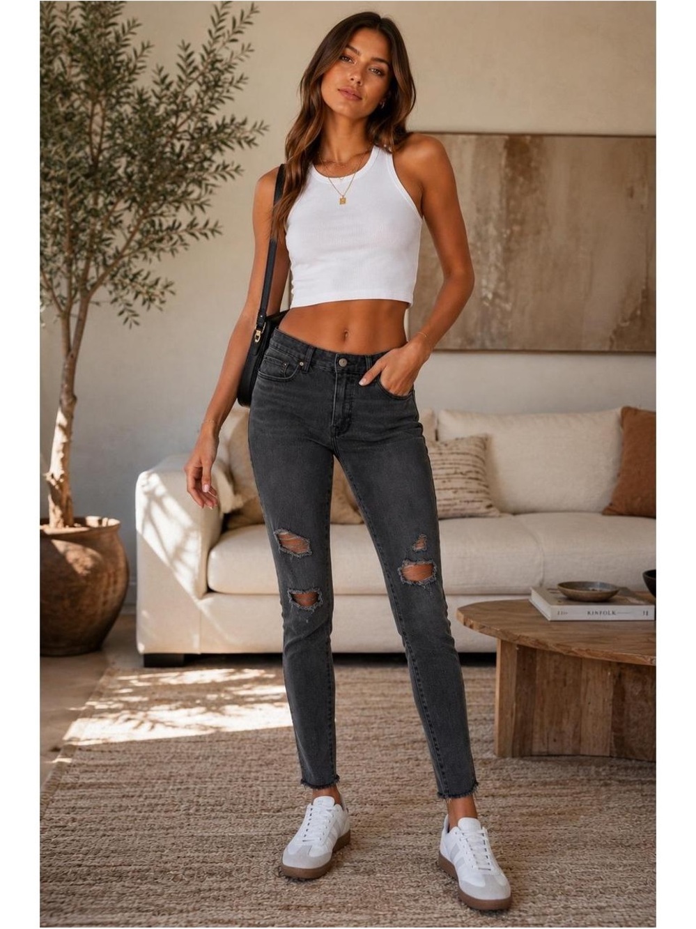 Good American Charcoal Distressed High-Rise Skinny Jeans